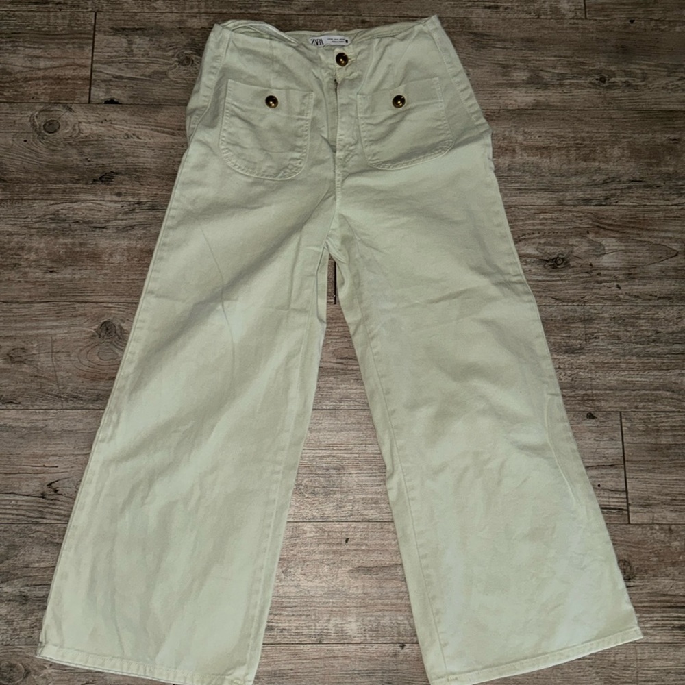 Denim Green Zara High-Waisted Cropped Wide-Leg Jeans